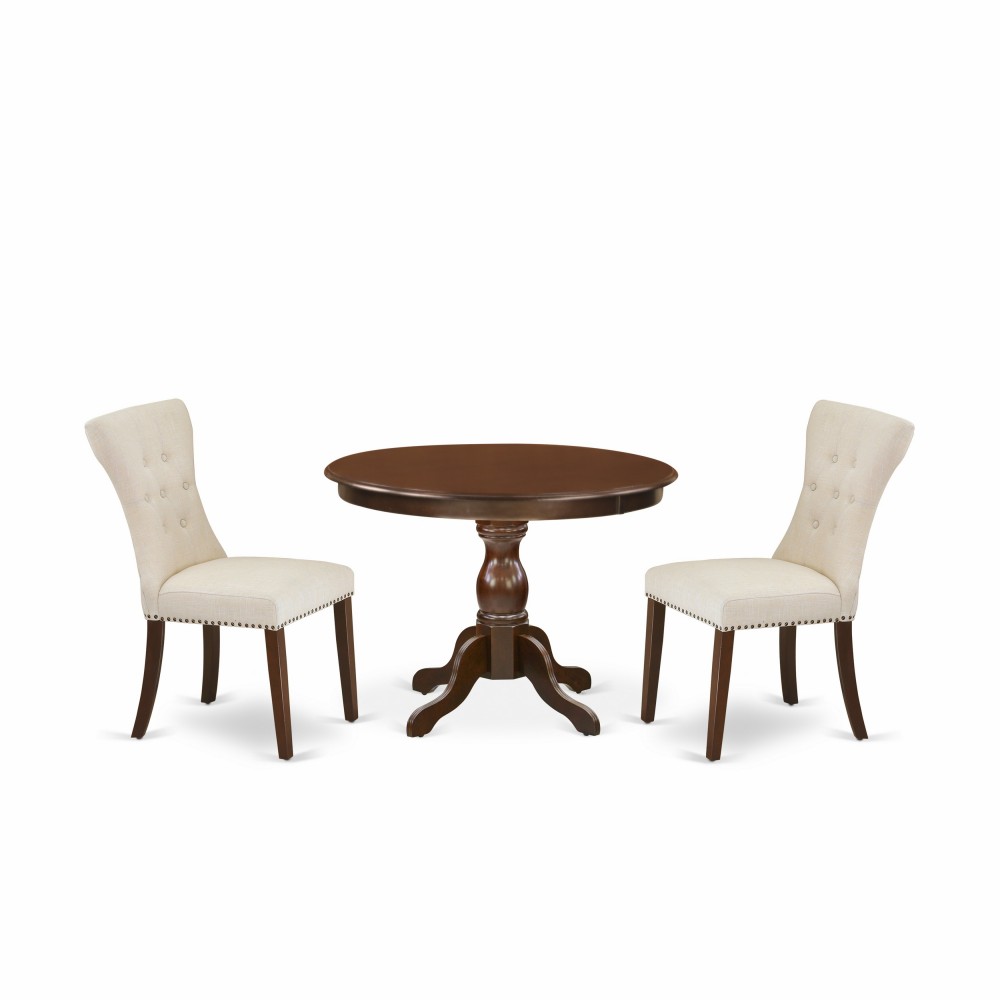 3Pc Kitchen Set, Mahogany Round Dining Table, 2 Light Beige Dining Chairs Back, Nail Heads, Mahogany Finish