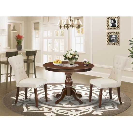 3Pc Kitchen Set, Mahogany Round Dining Table, 2 Light Beige Dining Chairs Back, Nail Heads, Mahogany Finish