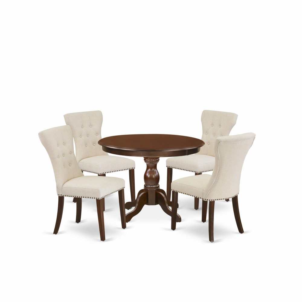 5 Pc Kitchen Set, Mahogany Small Dining Table, 4 Light Beige Dining Chairs Button Tufted Back, Nail Heads, Mahogany Finish