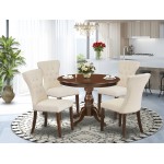 5 Pc Kitchen Set, Mahogany Small Dining Table, 4 Light Beige Dining Chairs Button Tufted Back, Nail Heads, Mahogany Finish