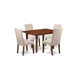 5Pc Rectangle 42/53.5" Dinette Table, 12 In Leaf, Four Chair, Mahogany Leg, Cream