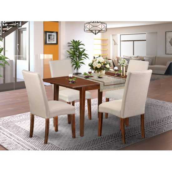 5Pc Rectangle 42/53.5" Dinette Table, 12 In Leaf, Four Chair, Mahogany Leg, Cream