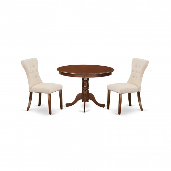 3Pc Round Dinette Set, Pedestal Dining Table, 2 Fabric Kitchen Chairs, Mahogany