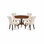 5Pc Dining Set- 4 Upholstered Chairs, Round Table Hardwood Frame -High Back & Mahogany Finish