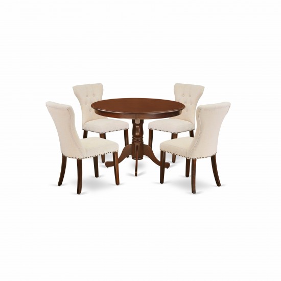 5Pc Dining Set- 4 Upholstered Chairs, Round Table Hardwood Frame -High Back & Mahogany Finish