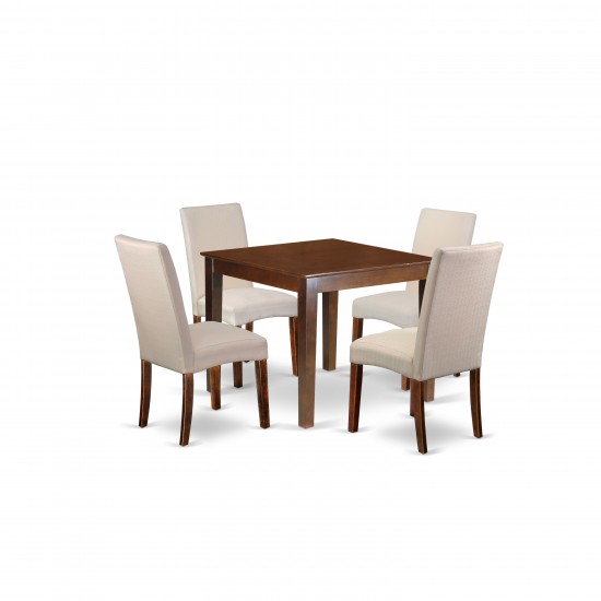 5Pc Square 36" Table, Four Parson Chair, Mahogany Finish Leg, Fabric- Cream Color