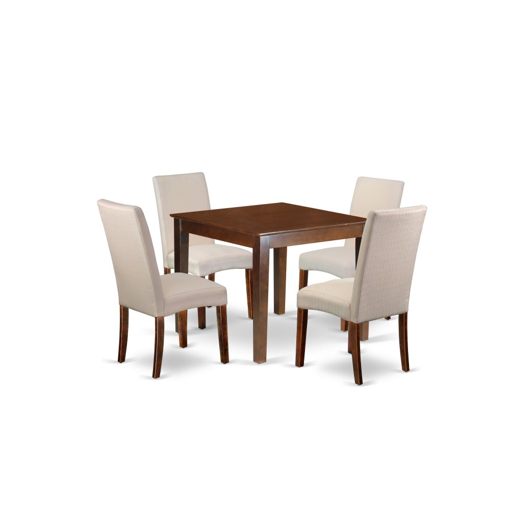 5Pc Square 36" Table, Four Parson Chair, Mahogany Finish Leg, Fabric- Cream Color 5Pc Square 36" Table, Four Parson Chair, Mahogany Finish Leg, Fabric- Cream Color
