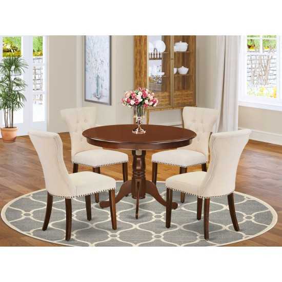 5Pc Dining Set- 4 Upholstered Chairs, Round Table Hardwood Frame -High Back & Mahogany Finish