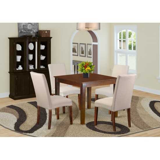 5Pc Square 36" Table, Four Parson Chair, Mahogany Finish Leg, Fabric- Cream Color