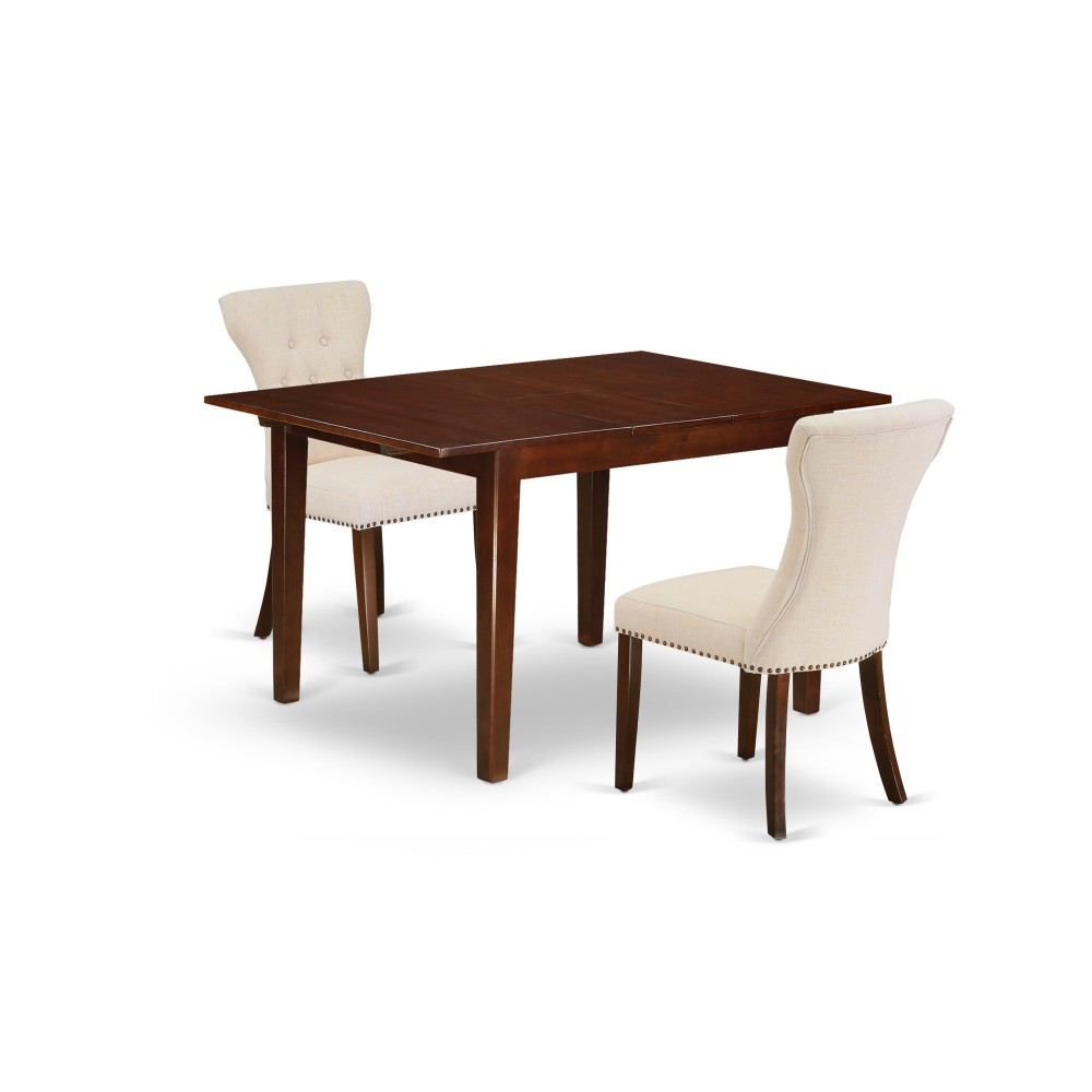 3-Pc Dining Set, Butterfly Leaf Table, 2 Parson Chairs, Light Beige Chairs Seat, Rubber Wood Legs, Mahogany