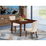 3-Pc Dining Set, Butterfly Leaf Table, 2 Parson Chairs, Light Beige Chairs Seat, Rubber Wood Legs, Mahogany