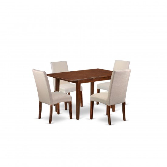 5Pc Rectangle 48/60" Kitchen Table, 12 In Butterfly Leaf, 4 Chair, Mahogany Leg, Cream