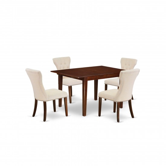 5Pc Dining Set- 4 Parson Chairs, Butterfly Leaf Table Hardwood Frame -Button Tufted Back & Mahogany Finish