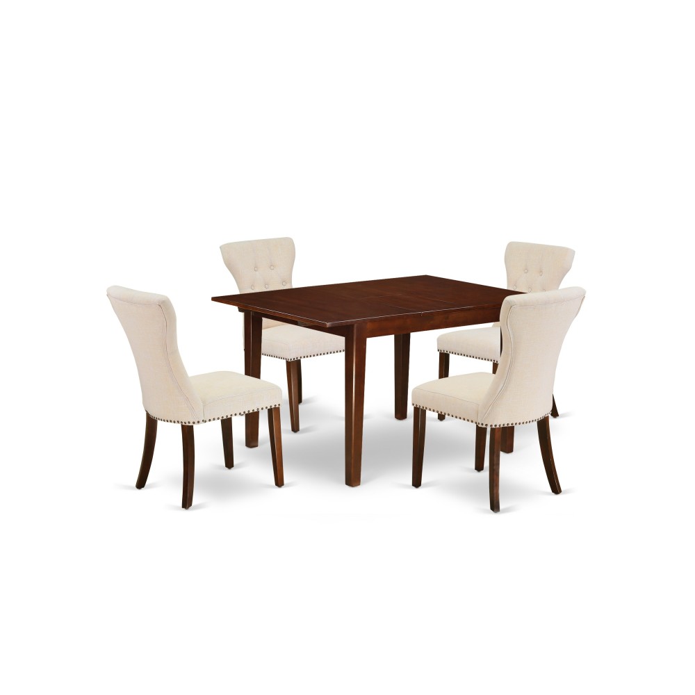 5Pc Dining Set- 4 Parson Chairs, Butterfly Leaf Table Hardwood Frame -Button Tufted Back & Mahogany Finish