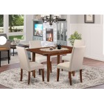 5Pc Rectangle 48/60" Kitchen Table, 12 In Butterfly Leaf, 4 Chair, Mahogany Leg, Cream