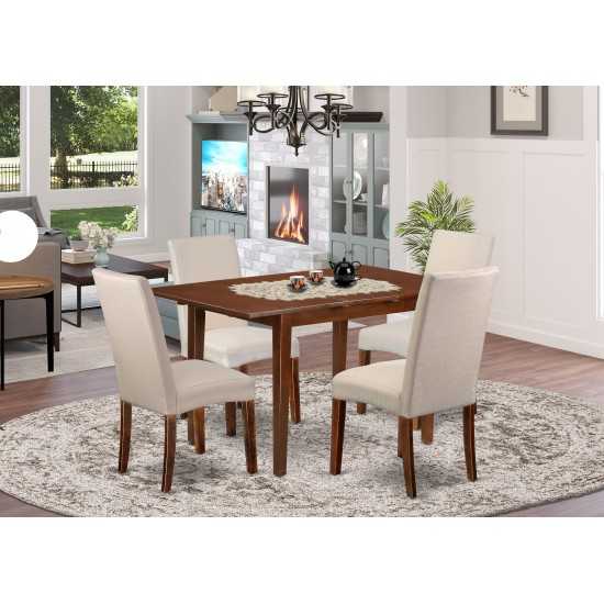 5Pc Rectangle 48/60" Kitchen Table, 12 In Butterfly Leaf, 4 Chair, Mahogany Leg, Cream