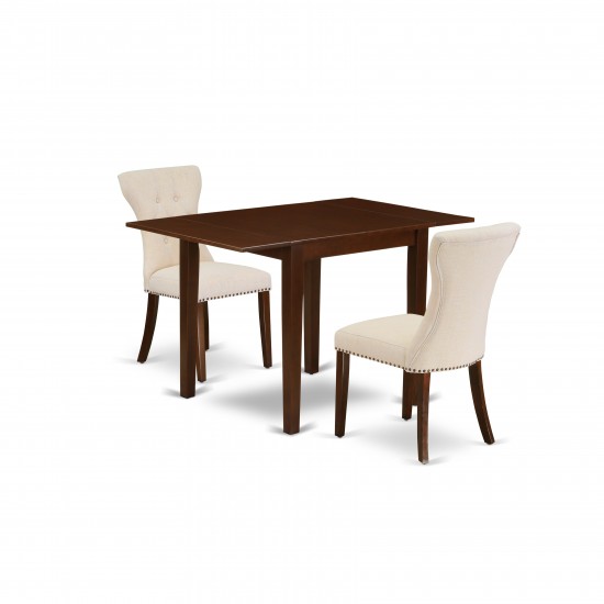 3Pc Kitchen Set, Drop Leaves Dinette Table, 2 Parson Chairs, Light Beige Parson Dining Chairs Seat, Rubber Wood Legs, Mahogan