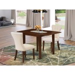 3Pc Kitchen Set, Drop Leaves Dinette Table, 2 Parson Chairs, Light Beige Parson Dining Chairs Seat, Rubber Wood Legs, Mahogan