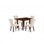 5Pc Dining Set- 4 Parsons Chairs, 2 Drop Leaf Table Hardwood Structure -Button Tufted Back & Mahogany Finish