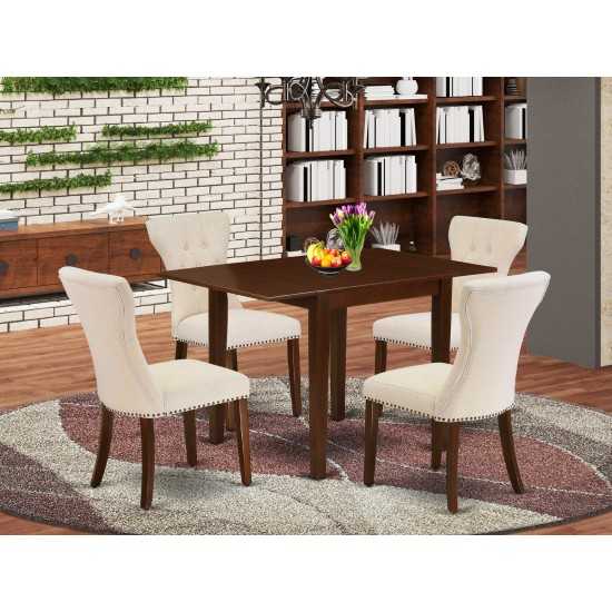 5Pc Dining Set- 4 Parsons Chairs, 2 Drop Leaf Table Hardwood Structure -Button Tufted Back & Mahogany Finish