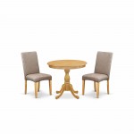 3 Pc Wood Dining Set, 1 Round Pedestal Table, 2 Dark Khaki Parson Chairs, High Back, Oak Finish