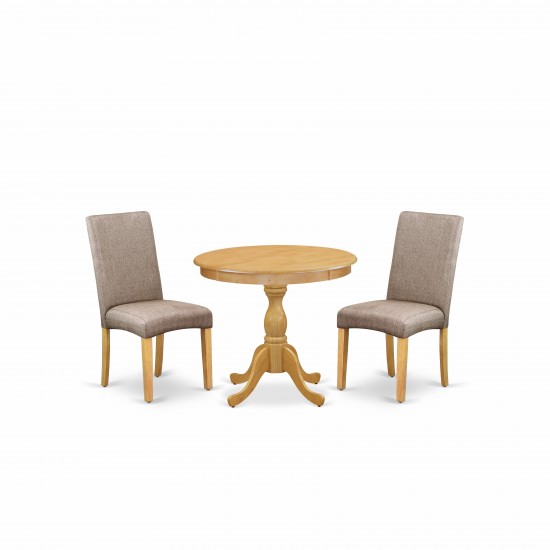 3 Pc Wood Dining Set, 1 Round Pedestal Table, 2 Dark Khaki Parson Chairs, High Back, Oak Finish