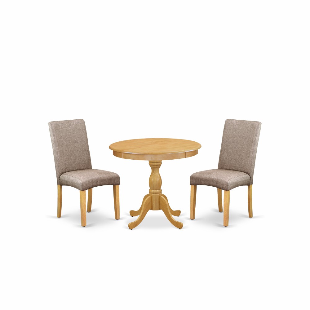 3 Pc Wood Dining Set, 1 Round Pedestal Table, 2 Dark Khaki Parson Chairs, High Back, Oak Finish