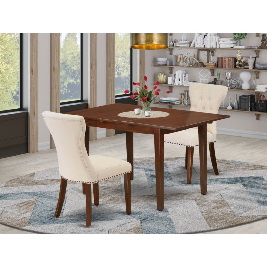 3-Pc Dinette Set, Butterfly Leaf Dining Table, 2 Dining Chairs, Light Beige Parson Chairs Seat, Rubber Wood Legs, Mahogany