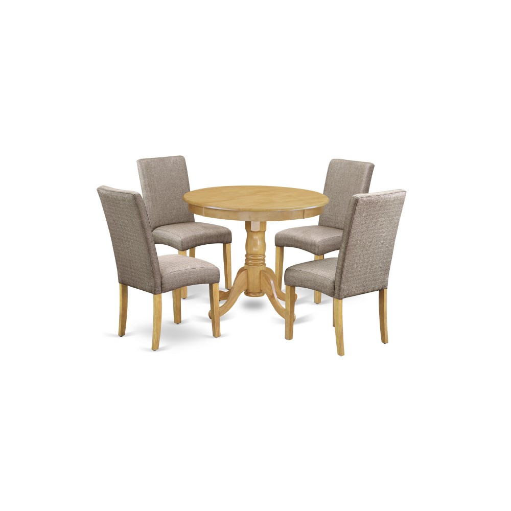 5Pc Round 36" Table And 4 Parson Chair, Oakleg And Fabric- Dark Khaki Color