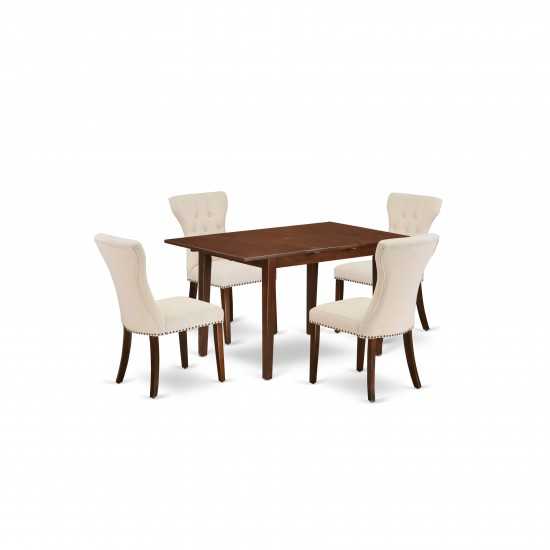 5Pc Dinette Set- 4 Padded Parson Chairs, Butterfly Leaf Dinner Table Solid Wood Frame -High Back & Mahogany Finish