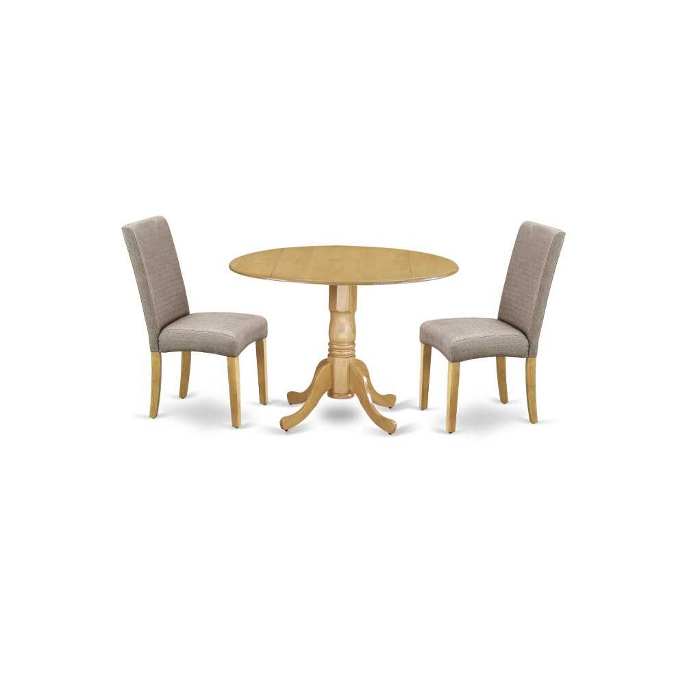 3Pc Round 42" Dining Table, Two 9-Inch Drop Leaves, Two Chair, Dark Khaki