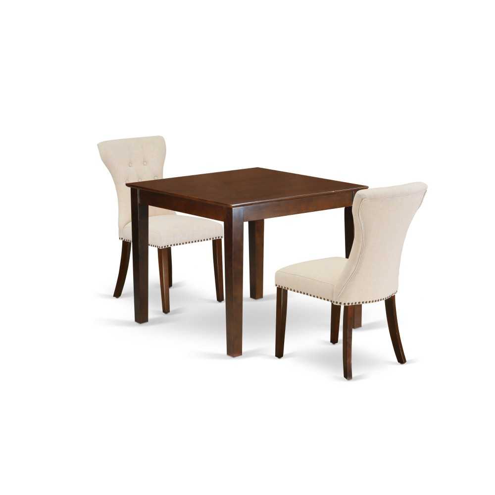 3Pc Kitchen Dining Set, Kitchen Table, 2 Parson Chairs, Light Beige Parson Chairs Seat, Rubber Wood Legs, Mahogany 3Pc Kitchen Dining Set, Kitchen Table, 2 Parson Chairs, Light Beige Parson Chairs Seat, Rubber Wood Legs, Mahogany