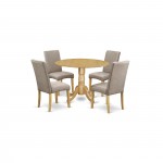 5Pc Round 42" Kitchen Table, Two 9-Inch Drop Leaves, Four Chair, Dark Khaki