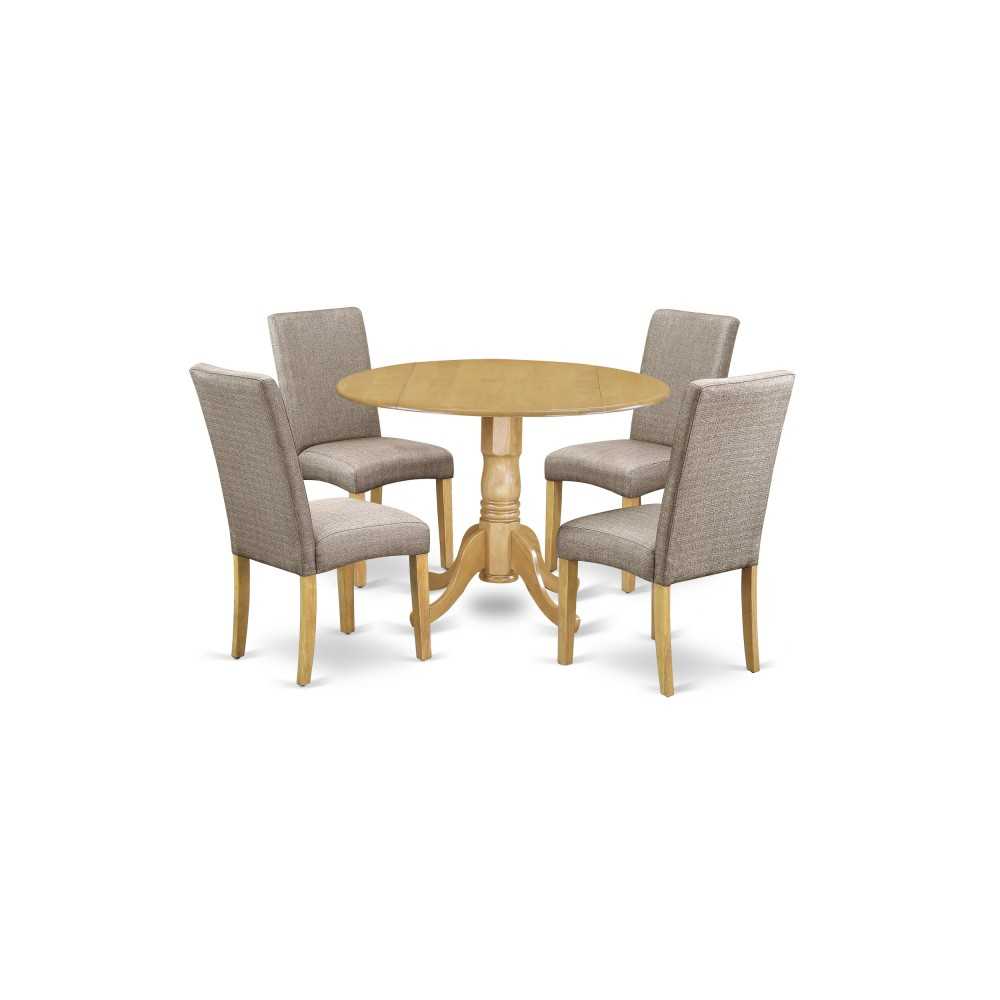 5Pc Round 42" Kitchen Table, Two 9-Inch Drop Leaves, Four Chair, Dark Khaki