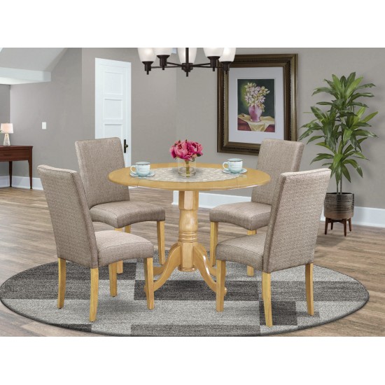 5Pc Round 42" Kitchen Table, Two 9-Inch Drop Leaves, Four Chair, Dark Khaki