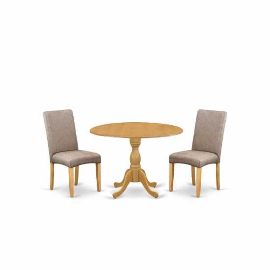 3 Pc Table, Chairs Dining Set, Oak Dining Table, 2 Dark Khaki Chairs, High Back, Oak