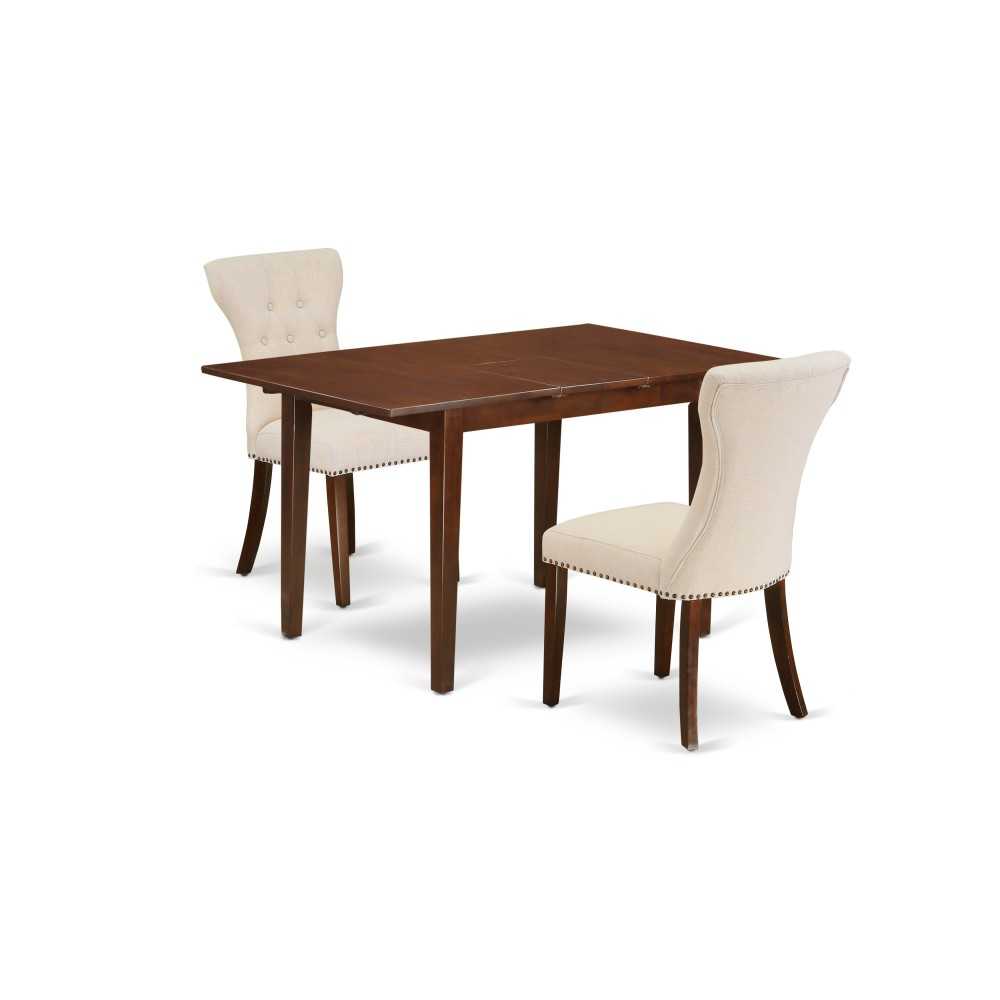 3Pc Dining Set, Butterfly Leaf Table, 2 Parson Chairs, Light Beige Parson Chairs Seat, Rubber Wood Legs, Mahogany