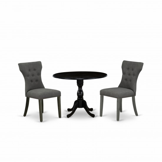 3Pc Dining Set, Drop Leaves Table, 2 Dark Gotham Grey Chairs, Wire Brushed Black