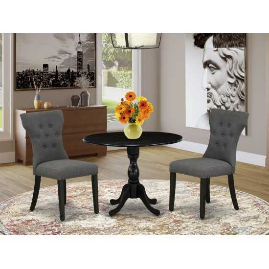 3Pc Dining Set, Drop Leaves Table, 2 Dark Gotham Grey Chairs, Wire Brushed Black