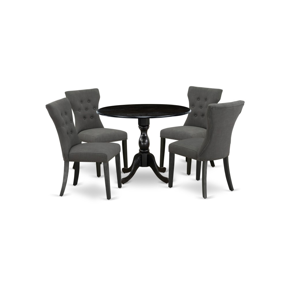 5 Pc Dining Set, 1 Drop Leaves Table, 4 Dark Gotham Grey Chair Back, Nail Heads, Wire Brushed Black Finish