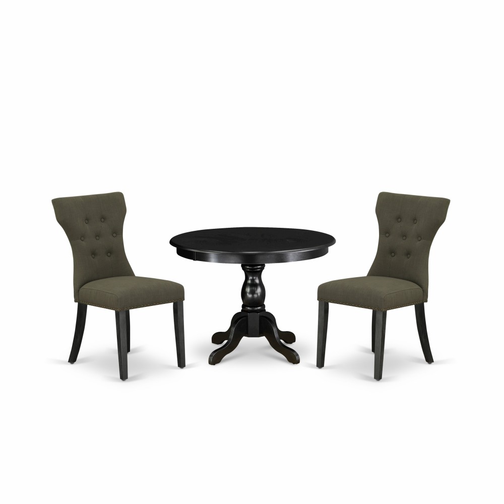 3Pc Dining Set, Black Wood Table, 2 Dark Gotham Grey Chairs Back, Nail Heads, Wire Brushed Black Finish