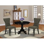 3Pc Dining Set, Black Wood Table, 2 Dark Gotham Grey Chairs Back, Nail Heads, Wire Brushed Black Finish