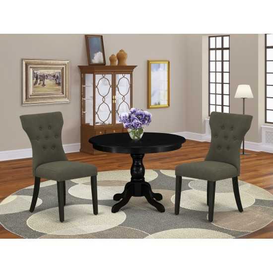 3Pc Dining Set, Black Wood Table, 2 Dark Gotham Grey Chairs Back, Nail Heads, Wire Brushed Black Finish