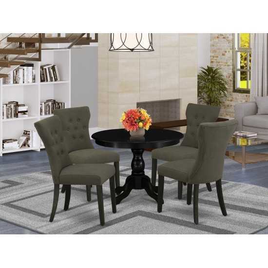 5Pc Dining Set, Black Breakfast Table, 4 Dark Gotham Grey Chairs Back, Nail Heads, Wire Brushed Black Finish