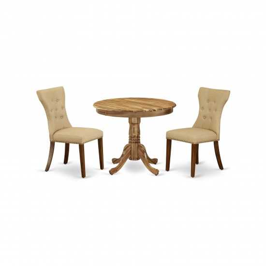 3Pc Round Kitchen Set, Round Dinner Table, 2 Parson Chairs, Brown Parson Chairs Seat, Rubber Wood Legs, Natural