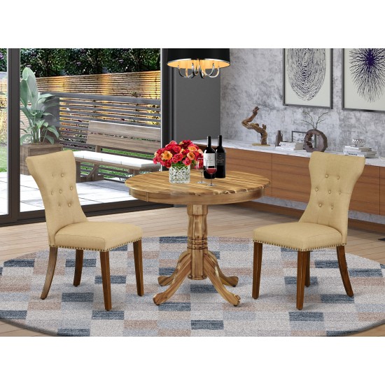 3Pc Round Kitchen Set, Round Dinner Table, 2 Parson Chairs, Brown Parson Chairs Seat, Rubber Wood Legs, Natural