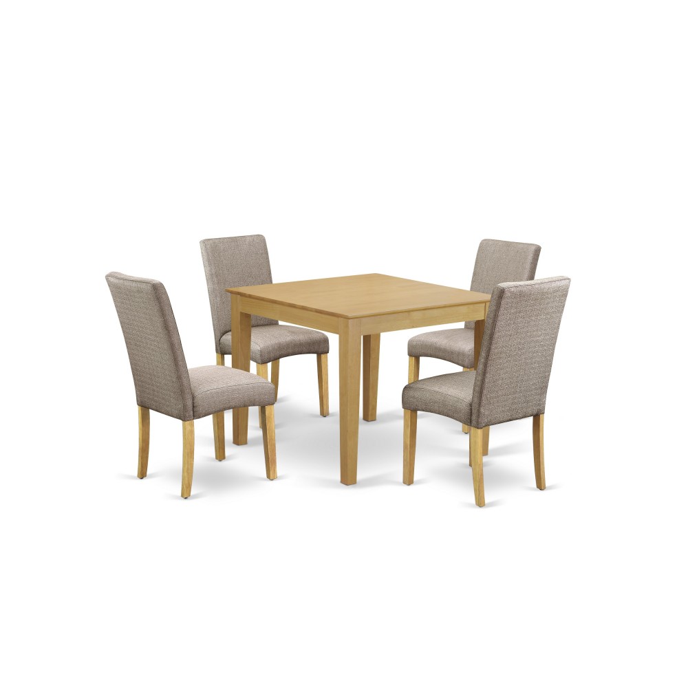 5Pc Square 36" Table, Four Parson Chair, Oak Finish Leg, Fabric- Dark Khaki Color