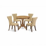 5Pc Dining Set, Round Dinette Table, 4 Fabric Chairs, Brown Seat, Natural