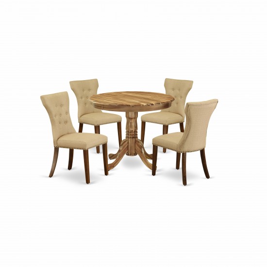 5Pc Dining Set, Round Dinette Table, 4 Fabric Chairs, Brown Seat, Natural