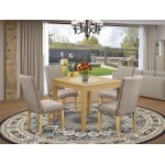 5Pc Square 36" Table, Four Parson Chair, Oak Finish Leg, Fabric- Dark Khaki Color